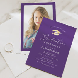 Gouden pet paarse afstuderen ceremoniële uitnodigi kaart