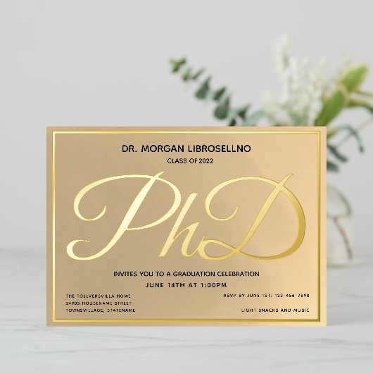 Gouden PhD Afstuderen Folie Uitnodiging (Staand Voorkant)
