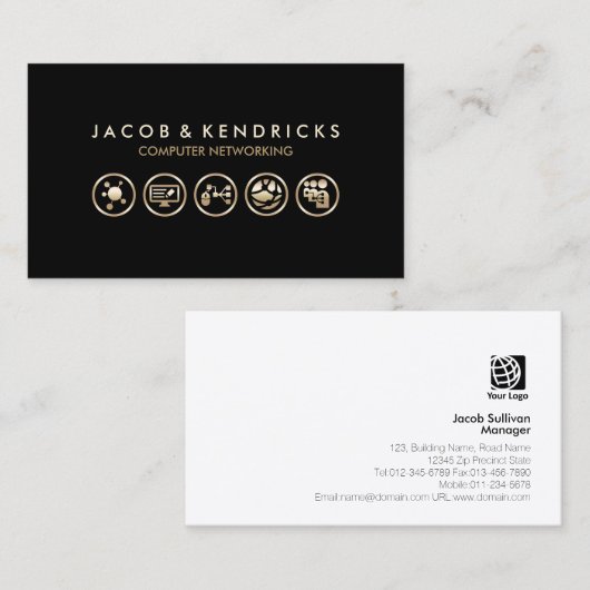 Gouden pictogrammen voor computernetwerken visitekaartje (Voorkant / Achterkant)