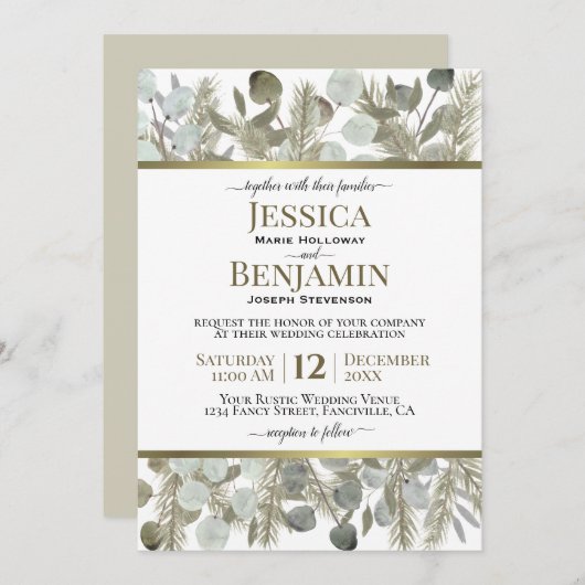 Gouden Pijn & Eucalyptus rustieke winter bruiloft Kaart (Voorkant / Achterkant)