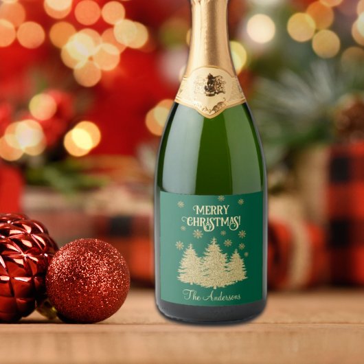 Gouden Pijnbomen Gouden Sneeuwvlokken Sparkling Wijnetiket