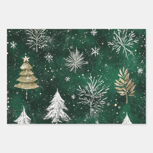 Gouden Pijnbomen Zilveren Sneeuwvlokken Hunter Gro Inpakpapier Vel (Voorkant 3)