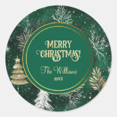 Gouden Pijnbomen Zilveren Sneeuwvlokken Hunter Gro Ronde Sticker (Voorkant)