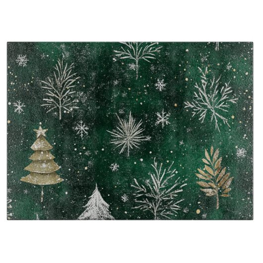 Gouden Pijnbomen Zilveren Sneeuwvlokken Hunter Gro Snijplank (Voorkant)