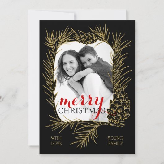 Gouden pijnboomtak en kegel lijst Vrolijk kerstfee Feestdagenkaart (Voorkant)