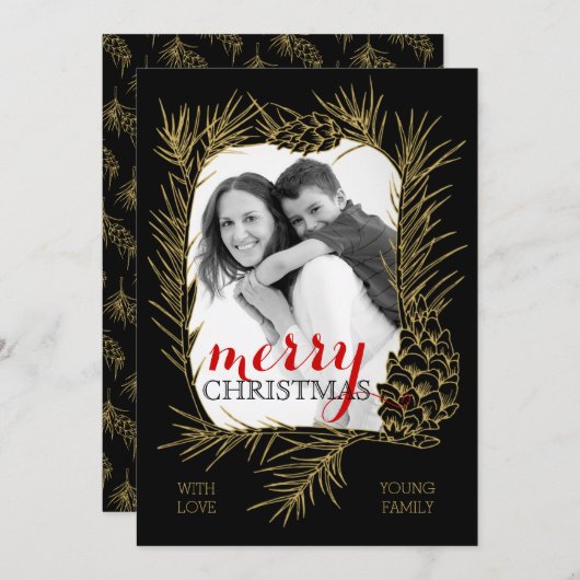 Gouden pijnboomtak en kegel lijst Vrolijk kerstfee Feestdagenkaart (Voorkant / Achterkant)