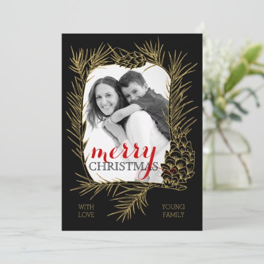 Gouden pijnboomtak en kegel lijst Vrolijk kerstfee Feestdagenkaart (Staand voorkant)