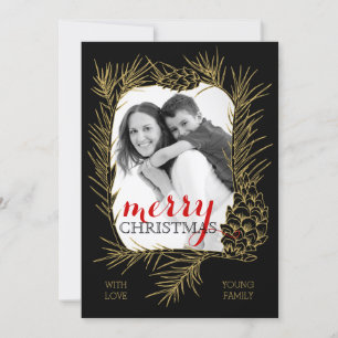 Gouden pijnboomtak en kegel lijst Vrolijk kerstfee Feestdagenkaart