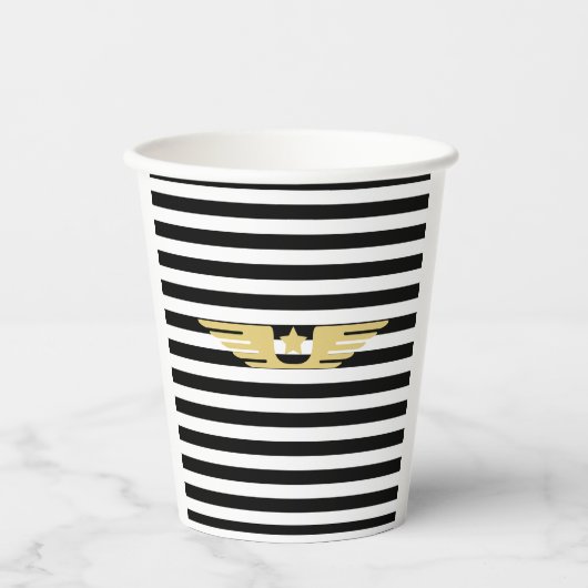 Gouden pilootvleugels zwart-witte strepen en goud papieren bekers (Voorkant)