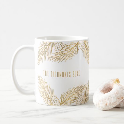 Gouden Pinecones en Pine Naalden Kerstmis Koffiemok (Met donut)