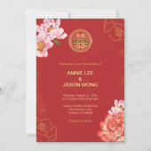 Gouden Pioen Dubbel Geluk Chinese Bruiloft Kaart (Voorkant)