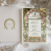 Gouden pioenen Vintage bruiloft Art Nouveau Folie Uitnodiging