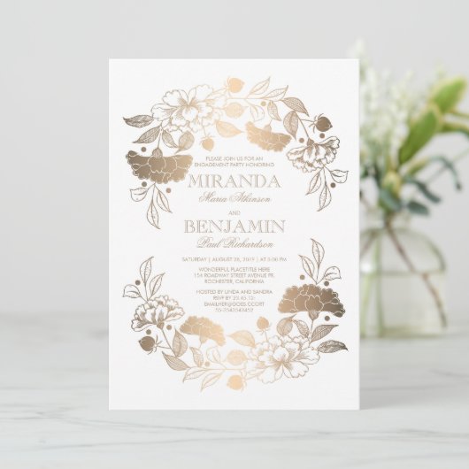 Gouden pioenroos Bloemenkrans Elegante verlovingsf Kaart (Staand voorkant)