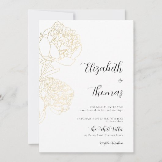 Gouden Pioenrozen Romance Elegant Bloemen Schets B Kaart (Voorkant)