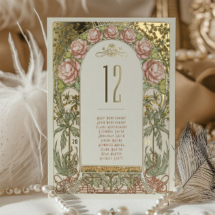 Gouden Pioenrozen Vintage Trouwtafel Nummers Folie Uitnodiging