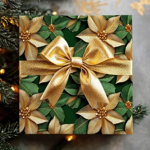 Gouden Poinsettia Bloem op Groene Kerstmis Cadeaupapier