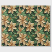 Gouden Poinsettia Bloem op Groene Kerstmis Cadeaupapier (Vlak)