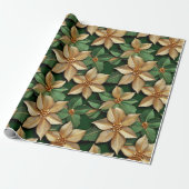 Gouden Poinsettia Bloem op Groene Kerstmis Cadeaupapier (Uitgerold)