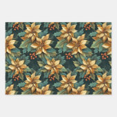 Gouden Poinsettia Bloem op Groene Kerstmis Inpakpapier Vel (Voorkant 3)