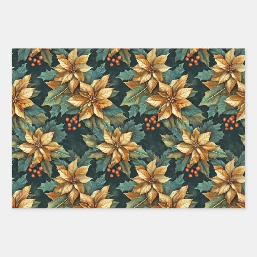 Gouden Poinsettia Bloem op Groene Kerstmis Inpakpapier Vel (Voorkant 3)
