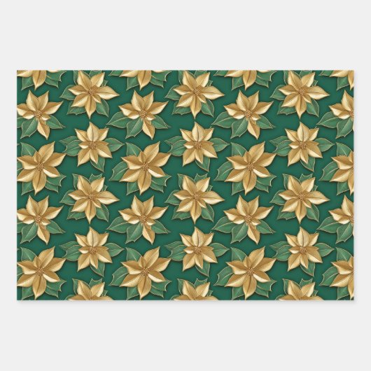 Gouden Poinsettia Bloem op Groene Kerstmis Inpakpapier Vel (Voorkant 2)