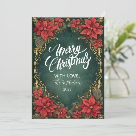 Gouden Poinsettia Elegantie Kerst Feestdagenkaart (Staand voorkant)