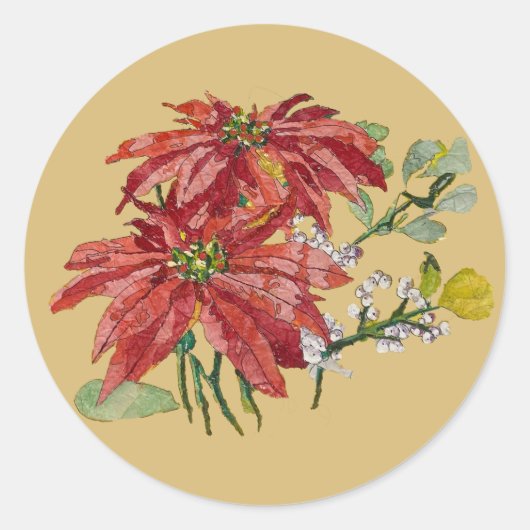 Gouden Poinsettia | Fijne Kunst Kerststicker Ronde Sticker (Voorkant)