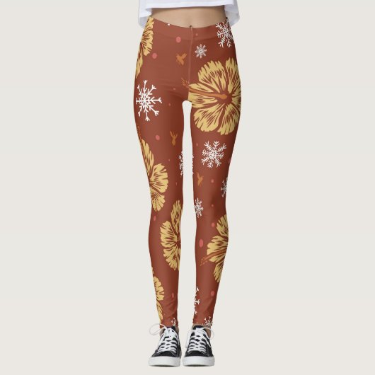 Gouden Poinsettia & Sneeuwvlok Leggings (Voorkant)
