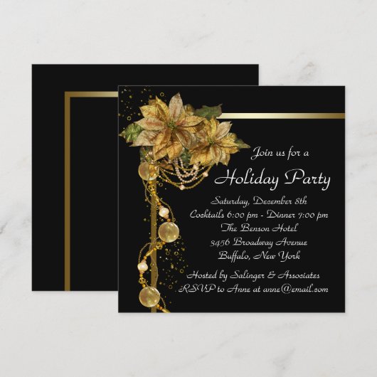 Gouden Poinsettia Zwart Goud Kerstfeest Kaart (Voorkant / Achterkant)