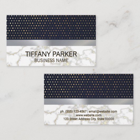 Gouden Polka Dot Patroon | Metallic zilver marmer Visitekaartje (Voorkant / Achterkant)