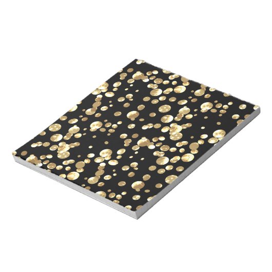 Gouden polka stippen op een zwarte achtergrond. notitieblok (Linkerzijde)