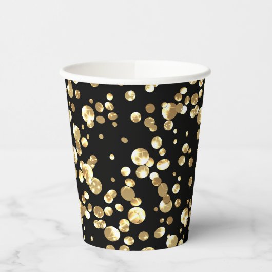 Gouden polka-stippen op een zwarte achtergrond. Pa Papieren Bekers (Links)