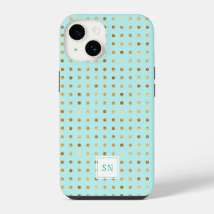 Gouden polka stippen op mintgroene patroon iPhone 14 hoesje