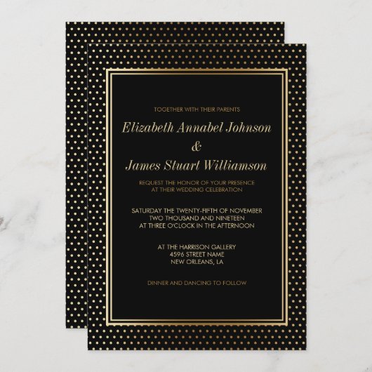 Gouden polka stippen op zwart | Huwelijksviering Kaart (Voorkant / Achterkant)