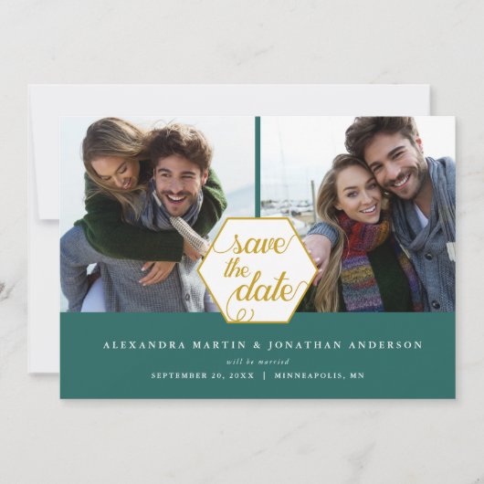 Gouden Polygoon 2 Foto's Donker Turquoise Bewaar d Save The Date (Voorkant)
