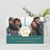 Gouden Polygoon 2 Foto's Donker Turquoise Bewaar d Save The Date (Staand voorkant)
