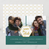 Gouden Polygoon 2 Foto's Donker Turquoise Bewaar d Save The Date (Voorkant / Achterkant)
