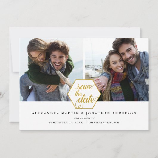 Gouden Polygoon Geometrisch | 2 Foto's Bewaar de D Save The Date (Voorkant)