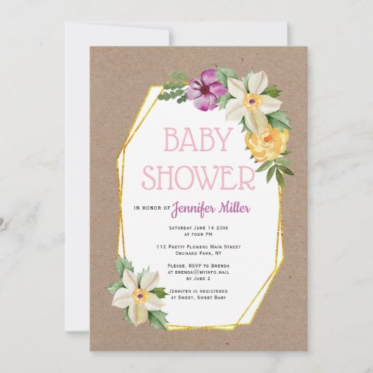 Gouden polygoon kraftpapier-papier rustiek bloemig kaart (Voorkant)