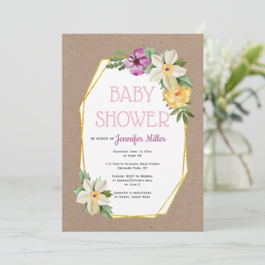 Gouden polygoon kraftpapier-papier rustiek bloemig kaart (Staand voorkant)