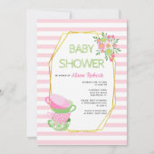 Gouden polygoon, roze theefeest bloemig baby showe kaart (Voorkant)
