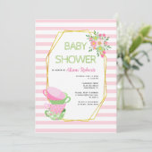 Gouden polygoon, roze theefeest bloemig baby showe kaart (Staand voorkant)