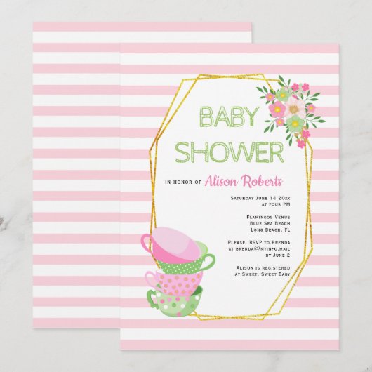 Gouden polygoon, roze theefeest bloemig baby showe kaart (Voorkant / Achterkant)