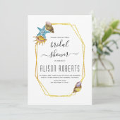 Gouden polygoon zeeschelpen strand bruiloft vrijge kaart (Staand voorkant)