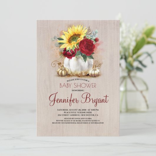 Gouden Pompoen Bloemenvaas Rustieke Herfst Baby sh Kaart (Staand voorkant)