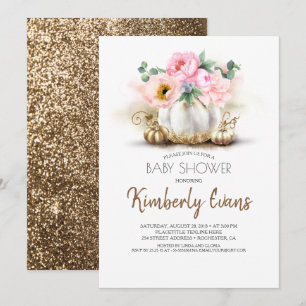 Gouden Pompoen Blush Roze Bloemen Herfst Baby show Kaart