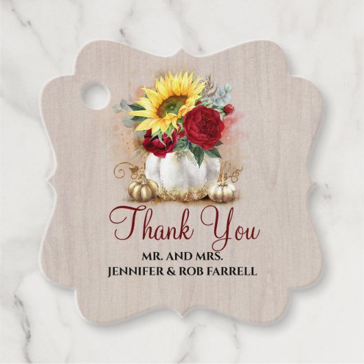 Gouden Pompoen Bourgogne Roos en Zonnebloem Bruilo Bedankjes Labels (Voorkant)