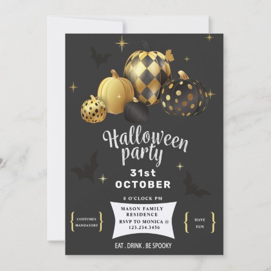 Gouden Pompoen Elegante Halloween feestuitnodiging Kaart (Voorkant)