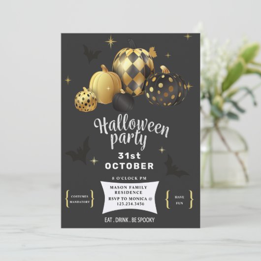 Gouden Pompoen Elegante Halloween feestuitnodiging Kaart (Staand voorkant)
