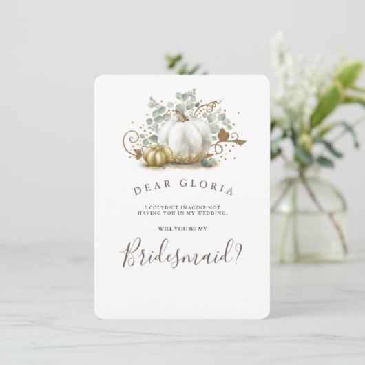 Gouden pompoen herfst bruiloft bruidsmeisje voorst kaart (Staand voorkant)